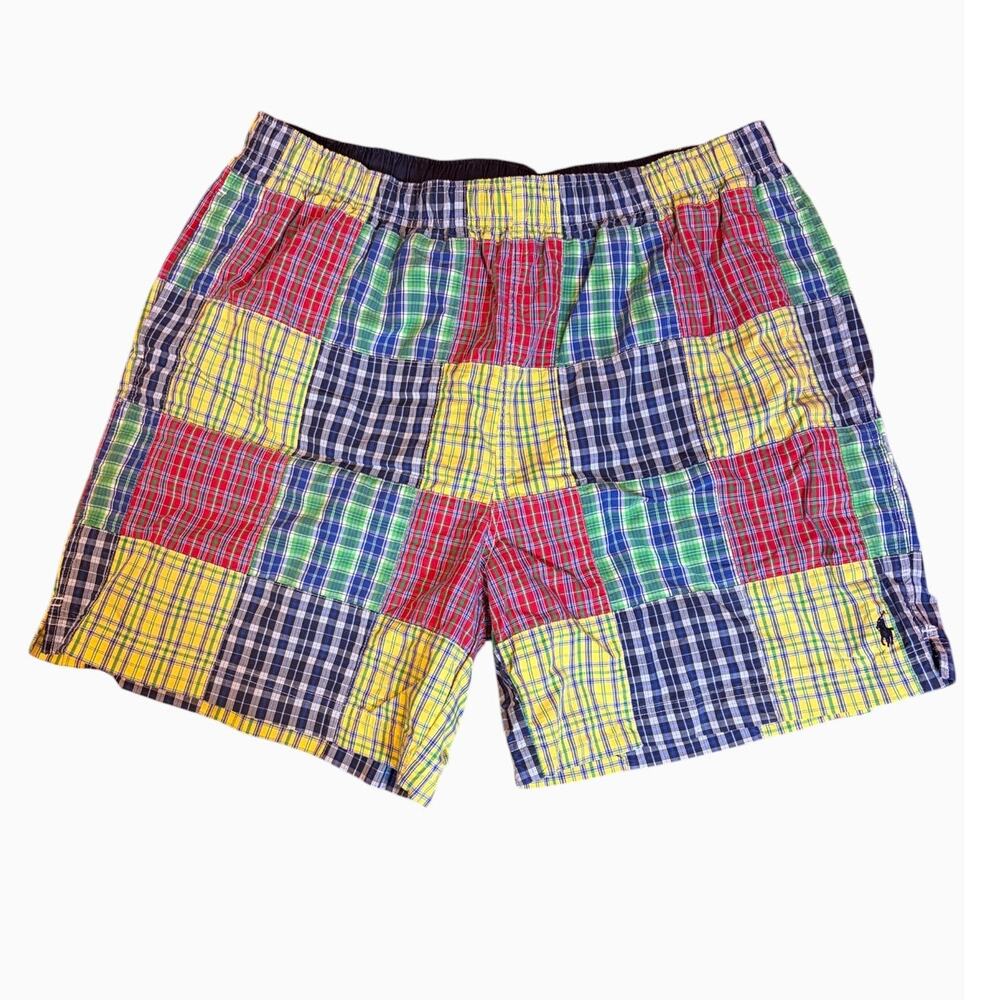 Vintage 90s Polo Sport Ralph Lauren Men's Patchwork Madras Swim Trunks XL